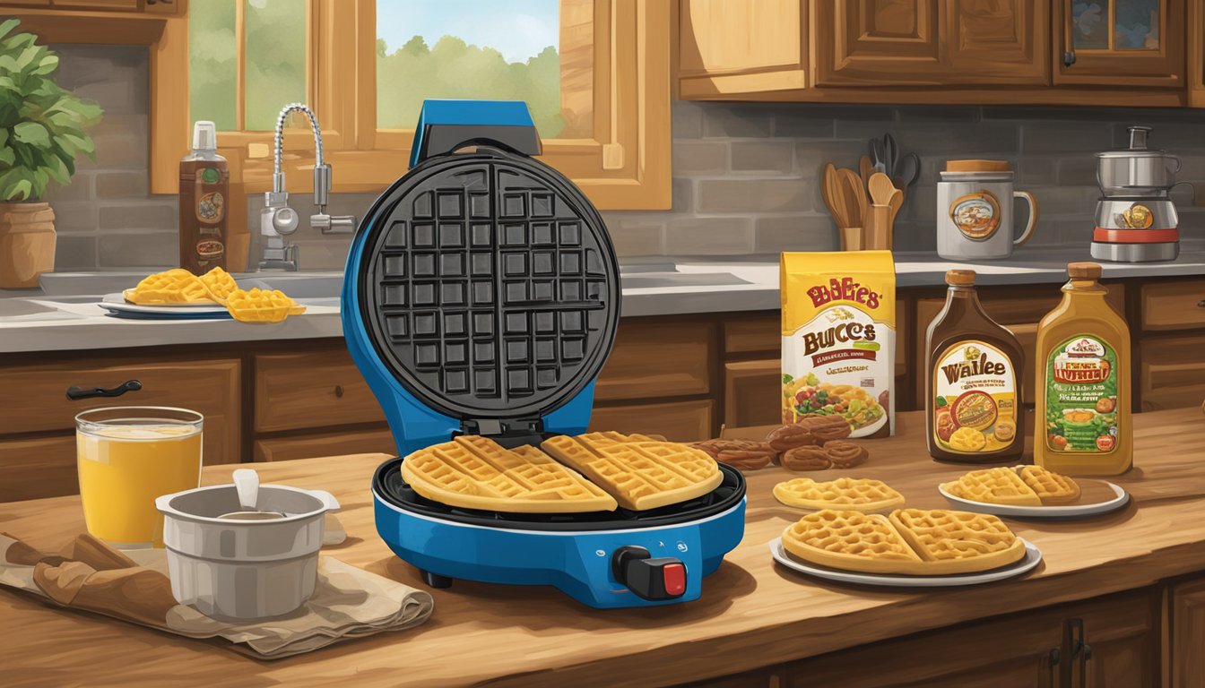 A Texas-shaped waffle maker surrounded by Buc-ee's products, with a rustic kitchen backdrop