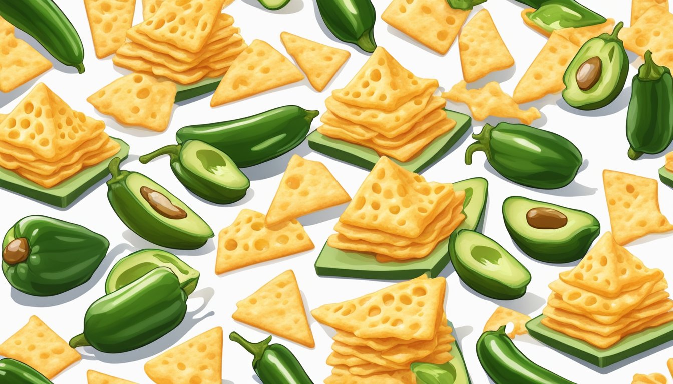 A pile of jalapeno cheese puffs arranged in a pyramid, with a variety of other snacks scattered around, all on a crunchy surface