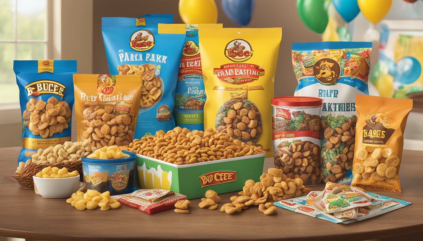 A variety of Buc-ee's snack mixes and products arranged on a table, surrounded by Father's Day themed decorations and gift wrapping