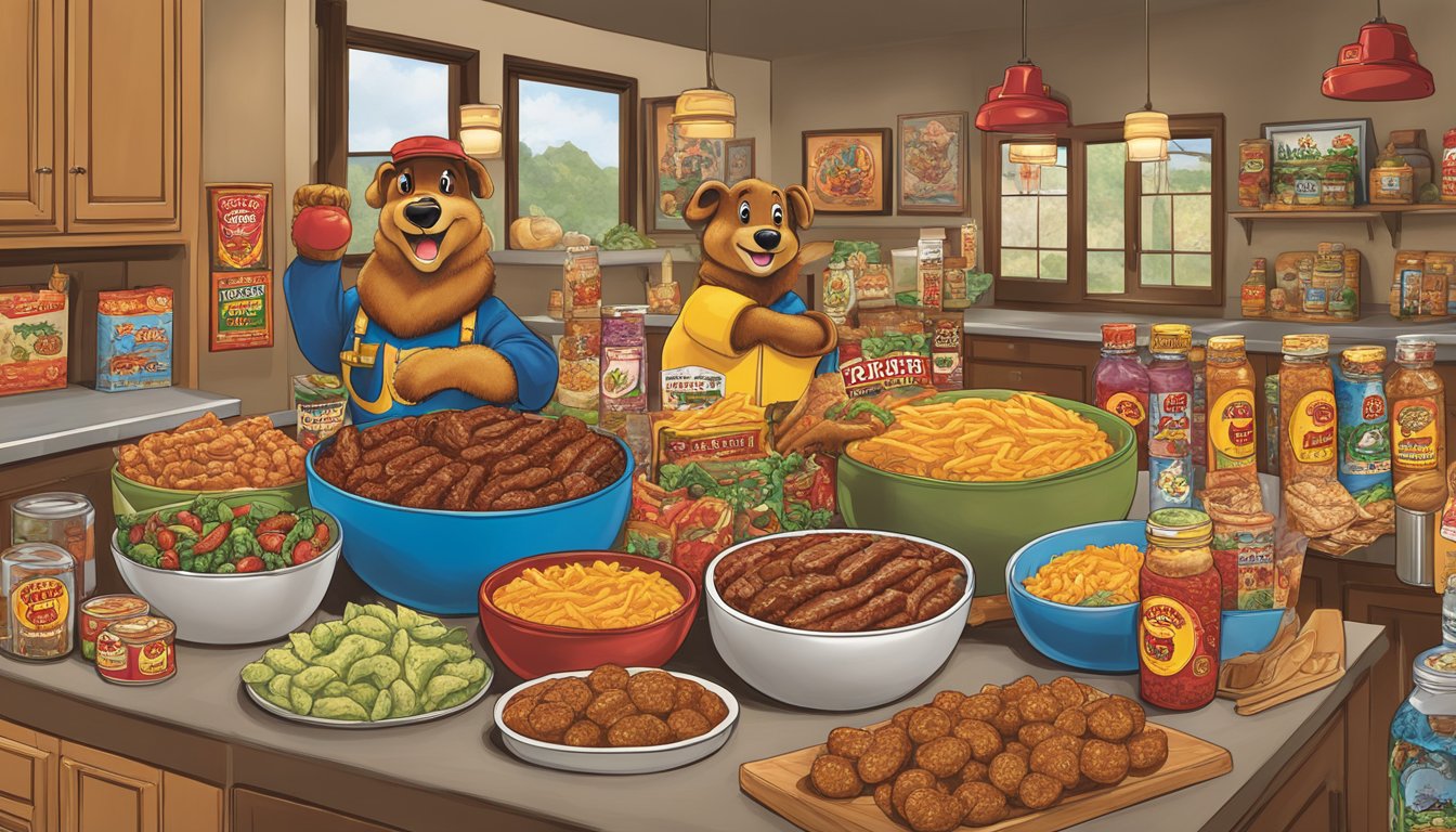 A display of Buc-ee's Hot & Spicy Beef Sticks surrounded by other Buc-ee's products, with a Father's Day theme