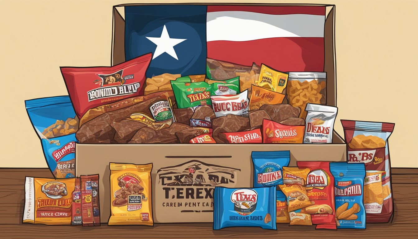 A care package filled with Texas Round Up Jerky, Buc-ee's snacks, and other Texan items, arranged in a box with a Lone Star flag