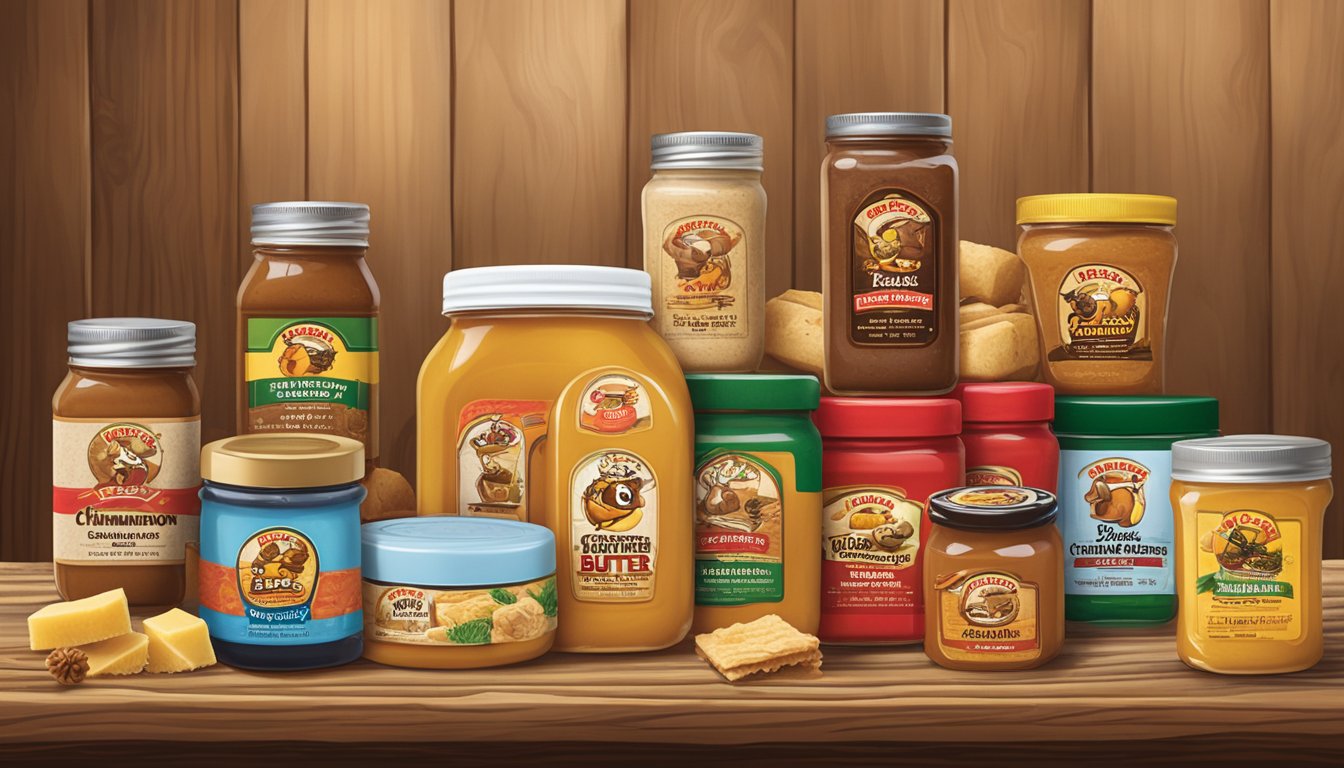 A jar of Buc-ee's Cinnamon Honey Butter surrounded by other Buc-ee's products, arranged neatly on a wooden table with a rustic backdrop