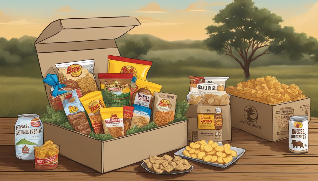 A rustic care package filled with Buc-ee's snacks, Texas-themed items, and Hill Country straws nestled in a cozy setting