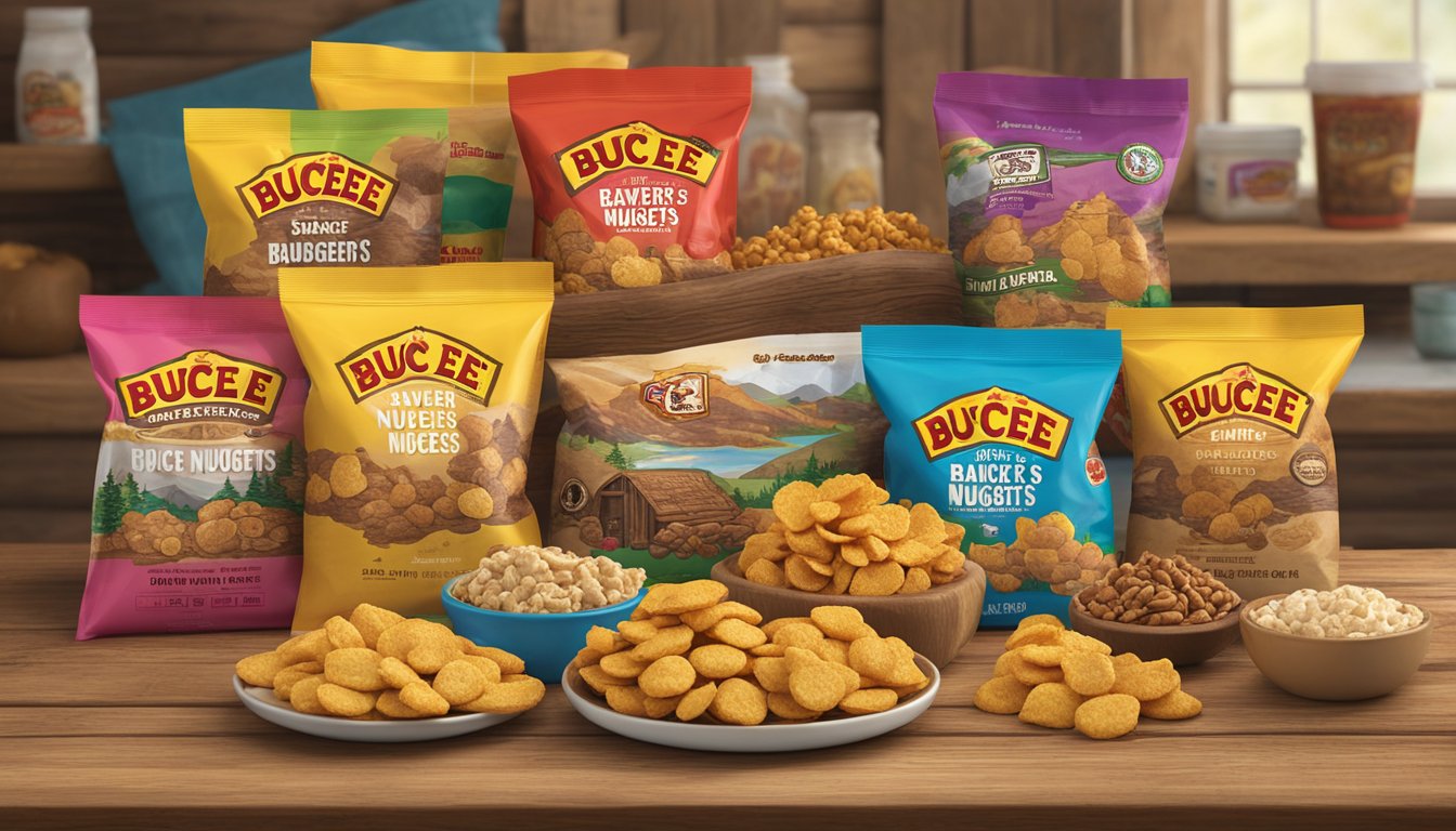 A pile of Buc-ee's Beaver Nuggets snack bags surrounded by other Buc-ee's products, arranged on a wooden table with rustic decor