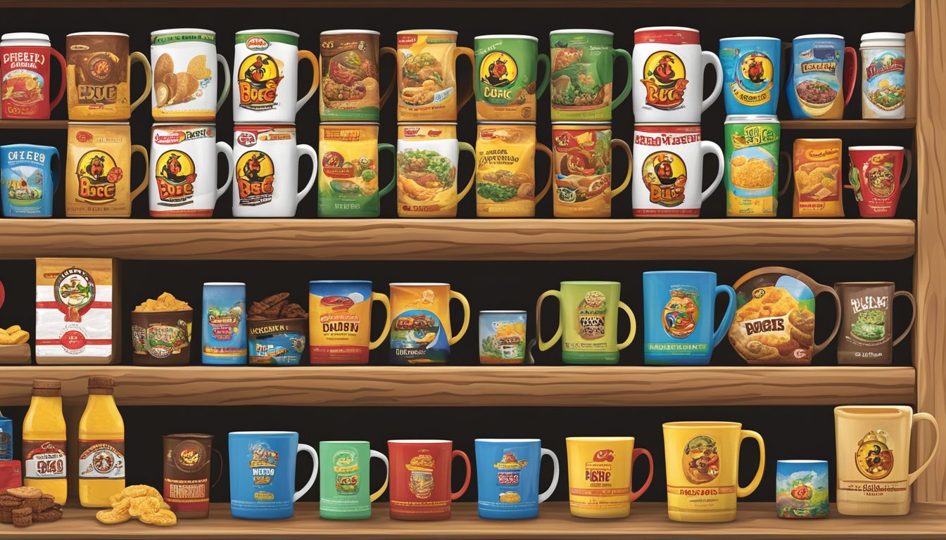 A display of 12 Buc-ee's products arranged on a wooden shelf, including mugs, t-shirts, and snacks, with the Buc-ee's logo prominently featured