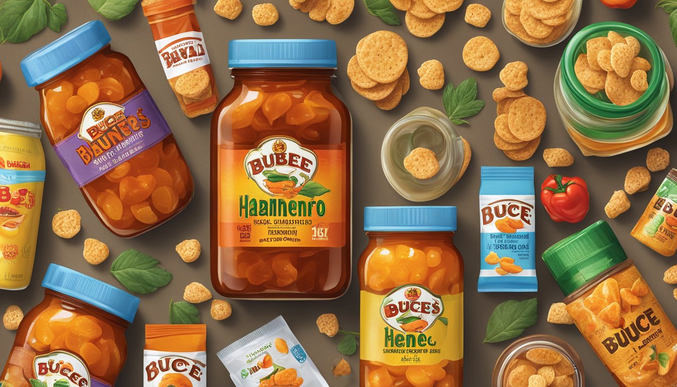 A jar of habanero pepper jelly surrounded by an array of Buc-ee's snacks, varying in textures and crunchiness