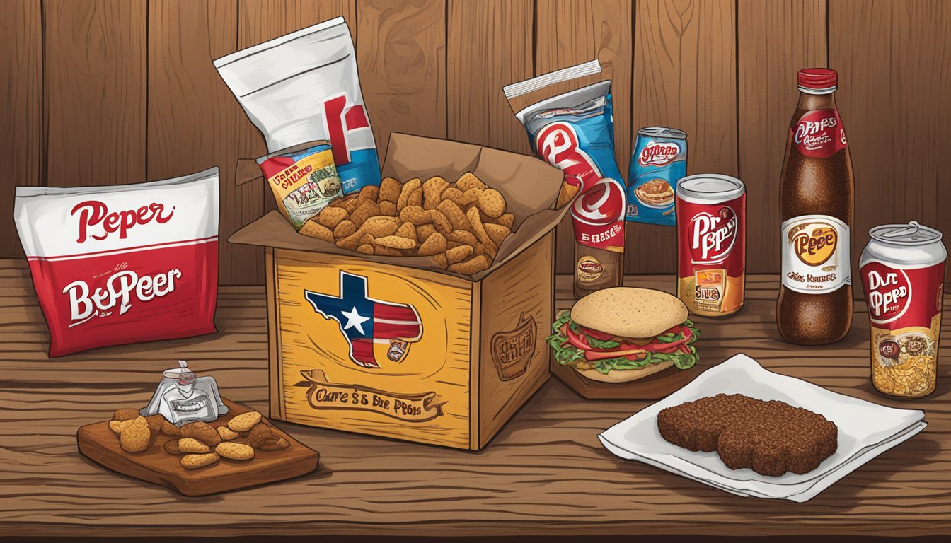 A Texas-themed care package with Dr Pepper BBQ rub and other Buc-ee's items arranged on a rustic wooden table