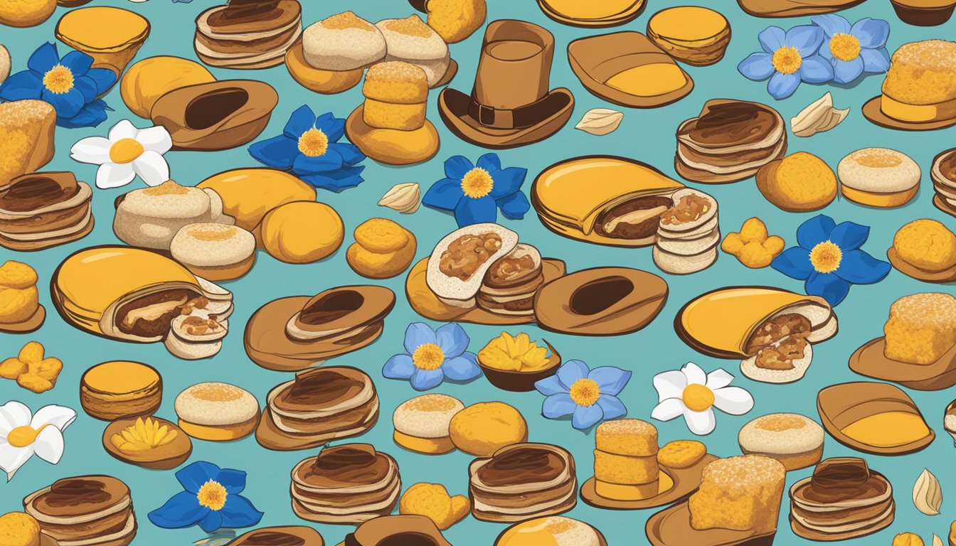 A colorful display of 11 Buc-ee's kolaches arranged in a care package, surrounded by Texan-themed items like cowboy hats and bluebonnet flowers