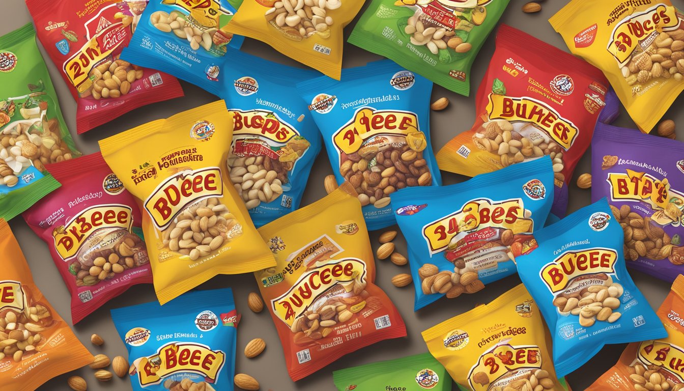 A pile of 20 Buc-ee's snack bags, with a variety of flavors, scattered on a table, surrounded by scattered maple nuts and mixed nuts