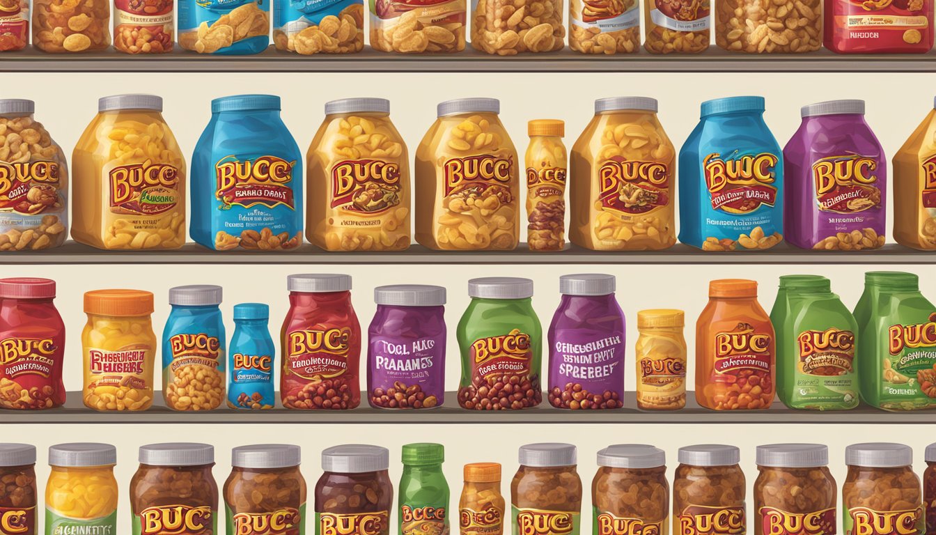 A variety of Buc-ee's snacks are arranged in rows, with the Cranberry Nut Mix prominently displayed. The snacks vary in size and shape, and the packaging is vibrant and eye-catching