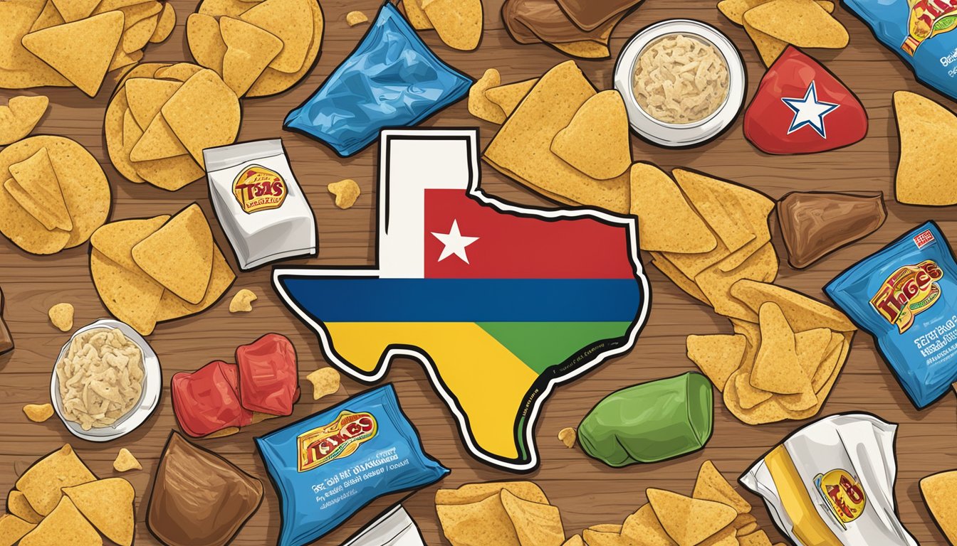 A colorful assortment of Texas-shaped tortilla chips arranged with 10 other Buc-ee's items in a care package