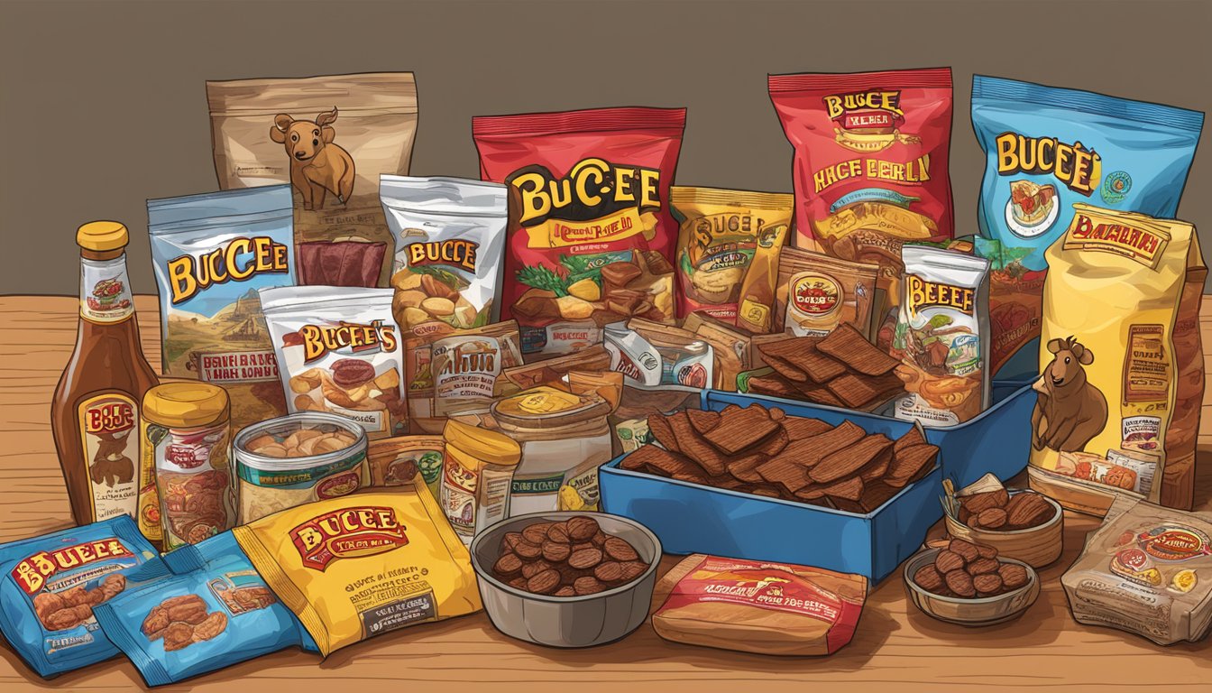 A table displaying a variety of Buc-ee's items, including Chop House Beef Jerky, ready to be packed into a Homesick Texan care package