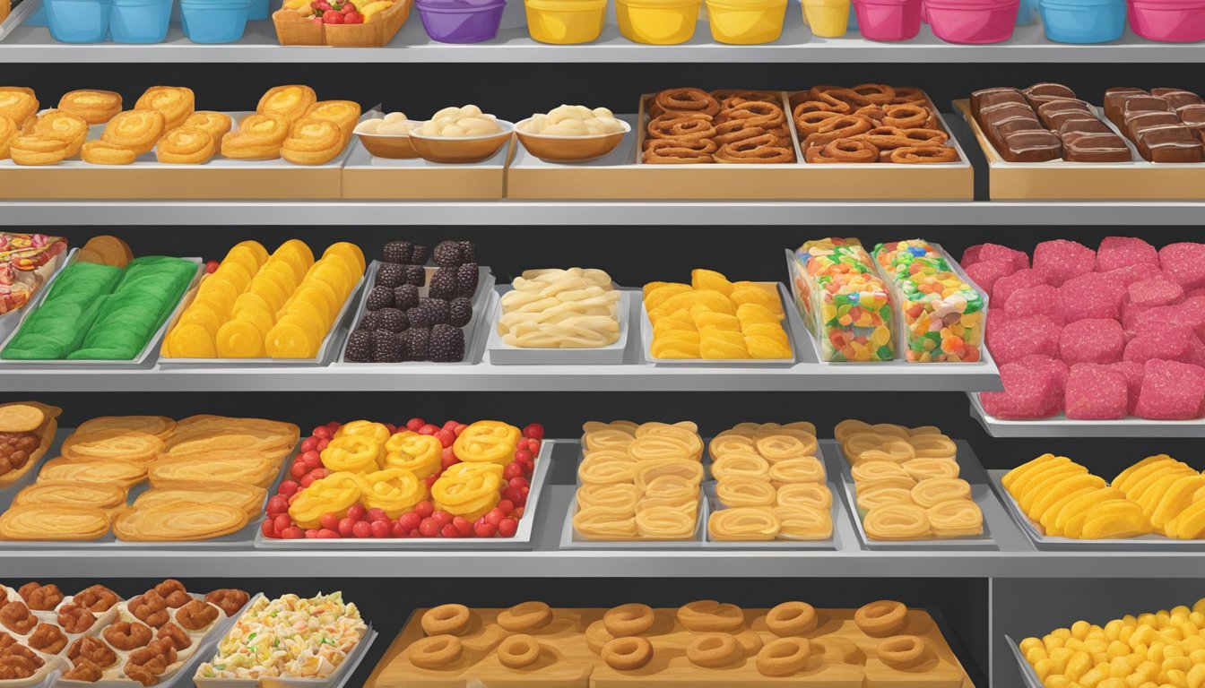 A colorful display of assorted kolaches and snacks at Buc-ee's, with vibrant packaging and inviting arrangement