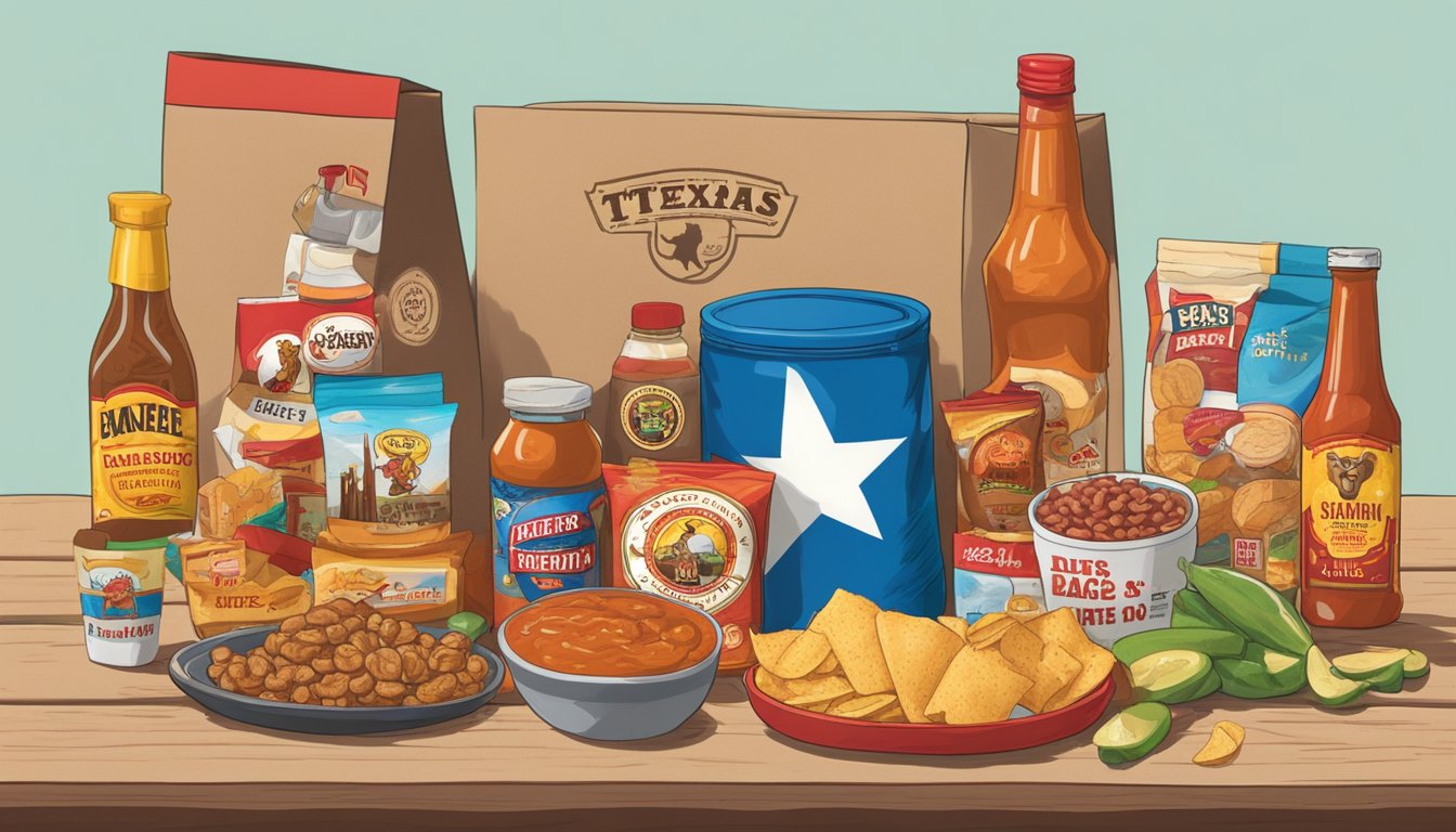 A Texas-themed care package with hot sauce, snacks, and Buc-ee's items arranged on a table