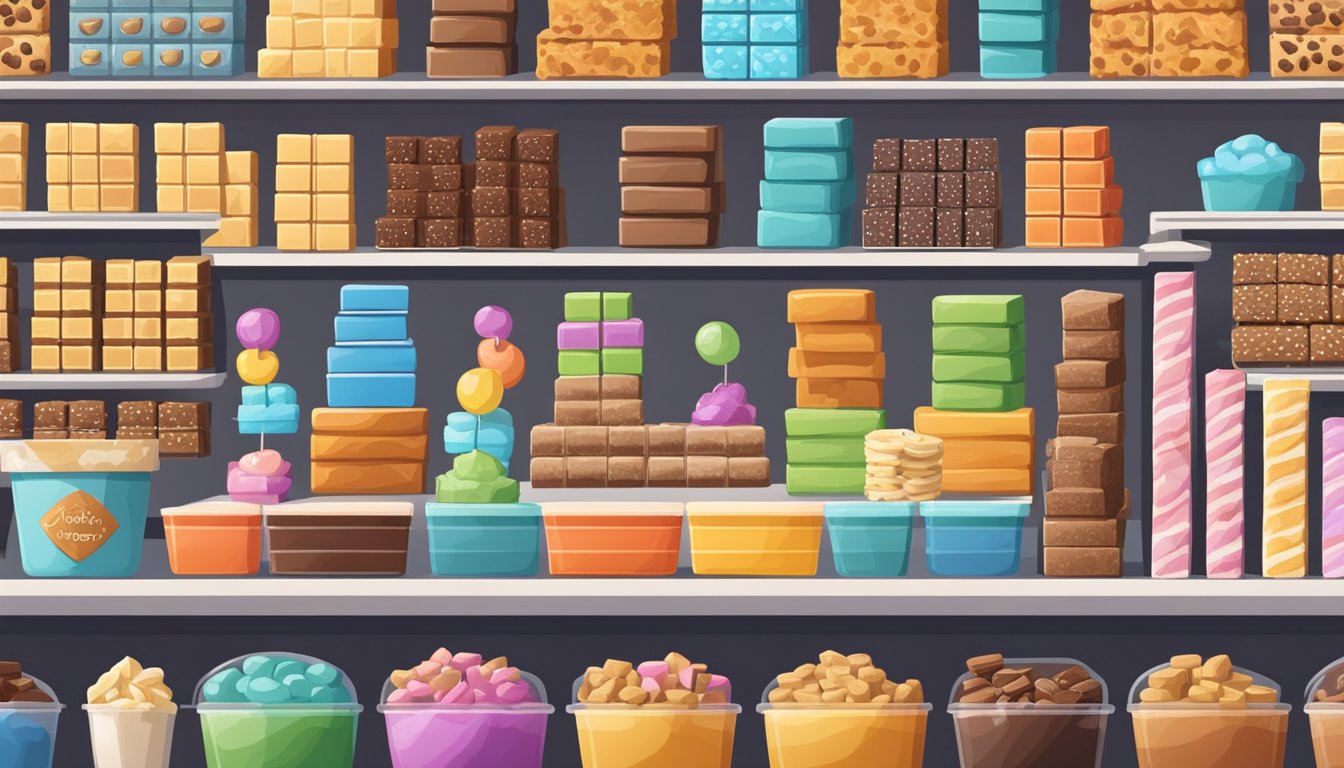 A colorful display of various fudge flavors arranged neatly on a counter, surrounded by shelves stocked with an assortment of snacks and treats