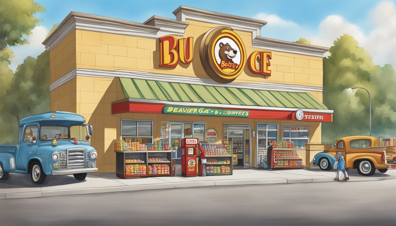 A bustling Buc-ee's store with iconic beaver mascot, towering gas pumps, and shelves stocked with Texas-themed snacks, souvenirs, and home goods