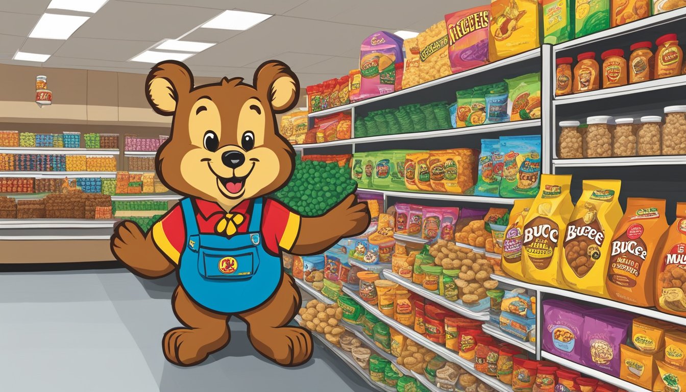 A colorful display of Buc-ee's Beaver Nuggets and other products arranged on a shelf with a sign reading "9 Buc-ee's Products That Make Great Mother's Day Gifts"