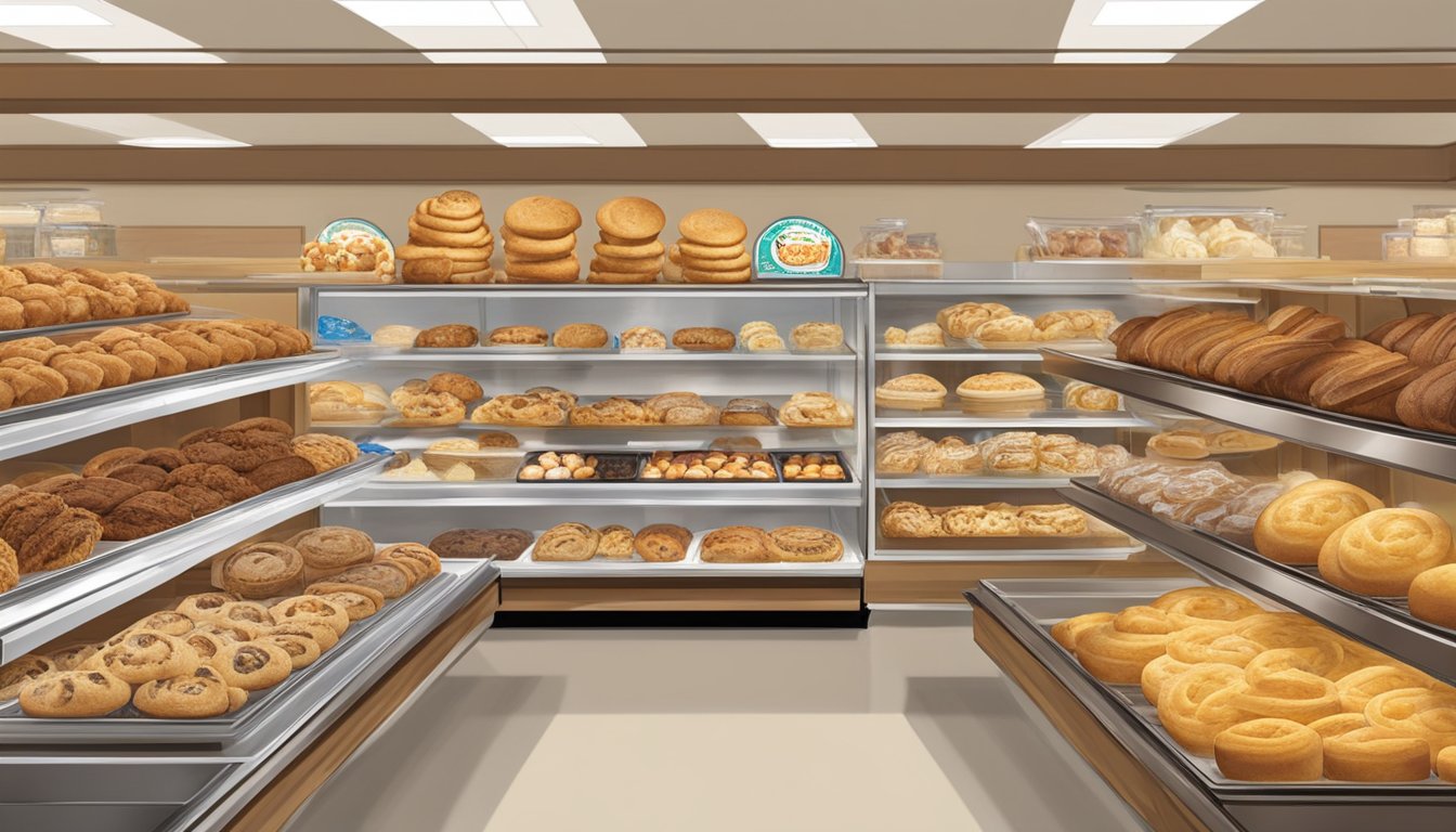 A display of freshly baked goods at Buc-ee's, including a variety of pastries, bread, and cookies arranged on shelves and in glass cases