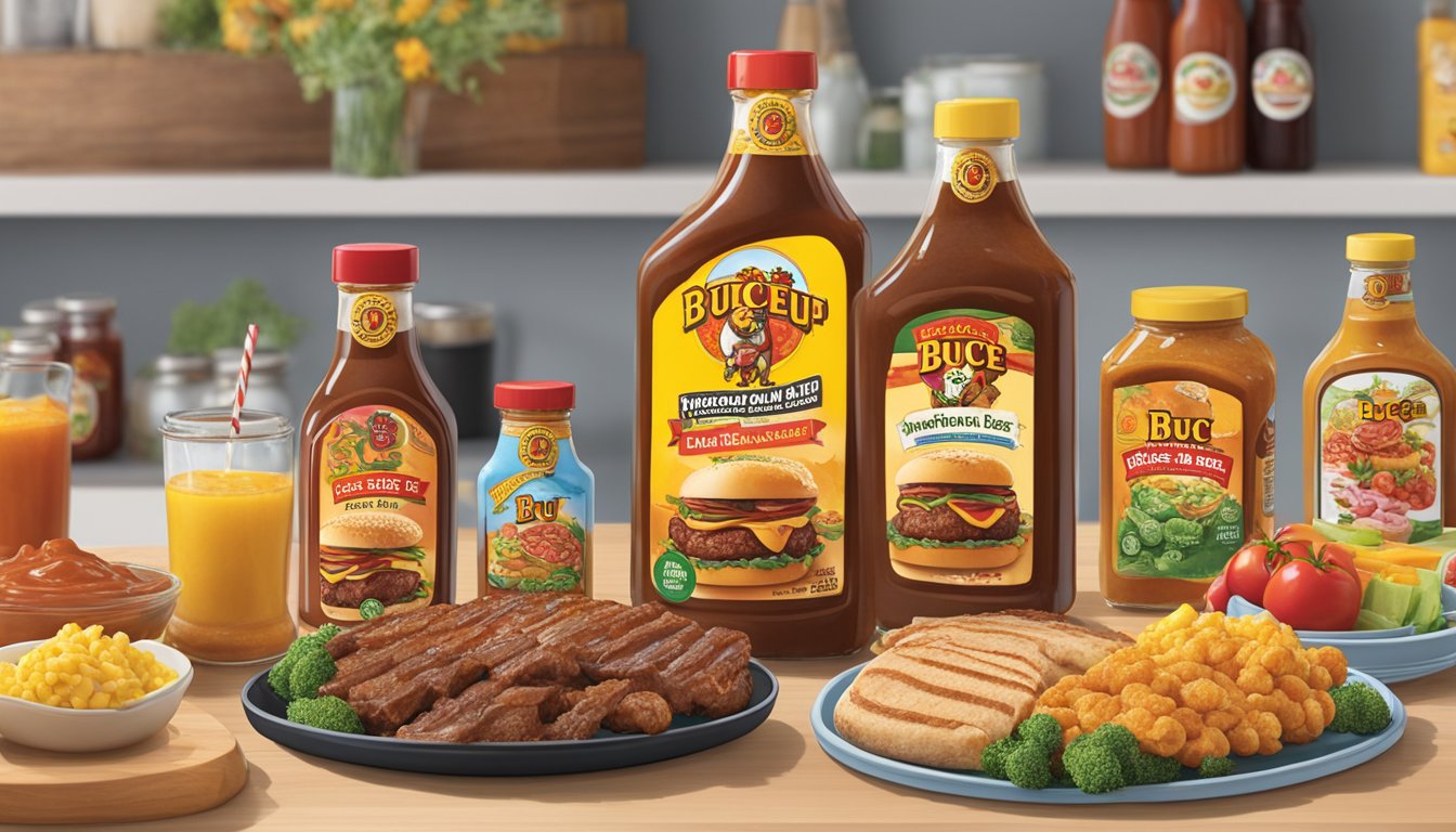 A table adorned with various Buc-ee's products, including the Texas Round Up BBQ Sauce, arranged in an appealing display for Mother's Day gifting