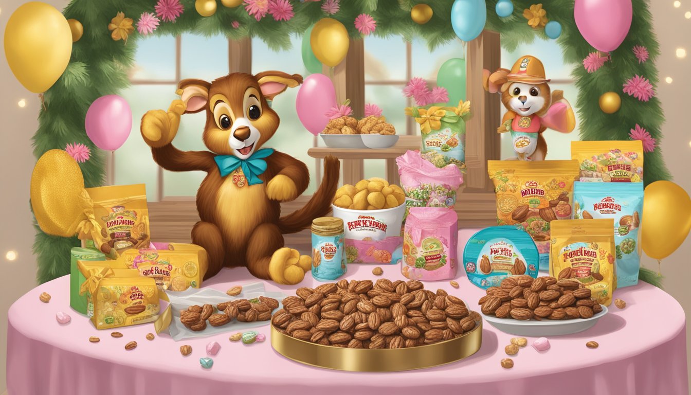 A table displays Buc-ee's Pecan Pralines and other products, surrounded by Mother's Day decorations and gift wrapping