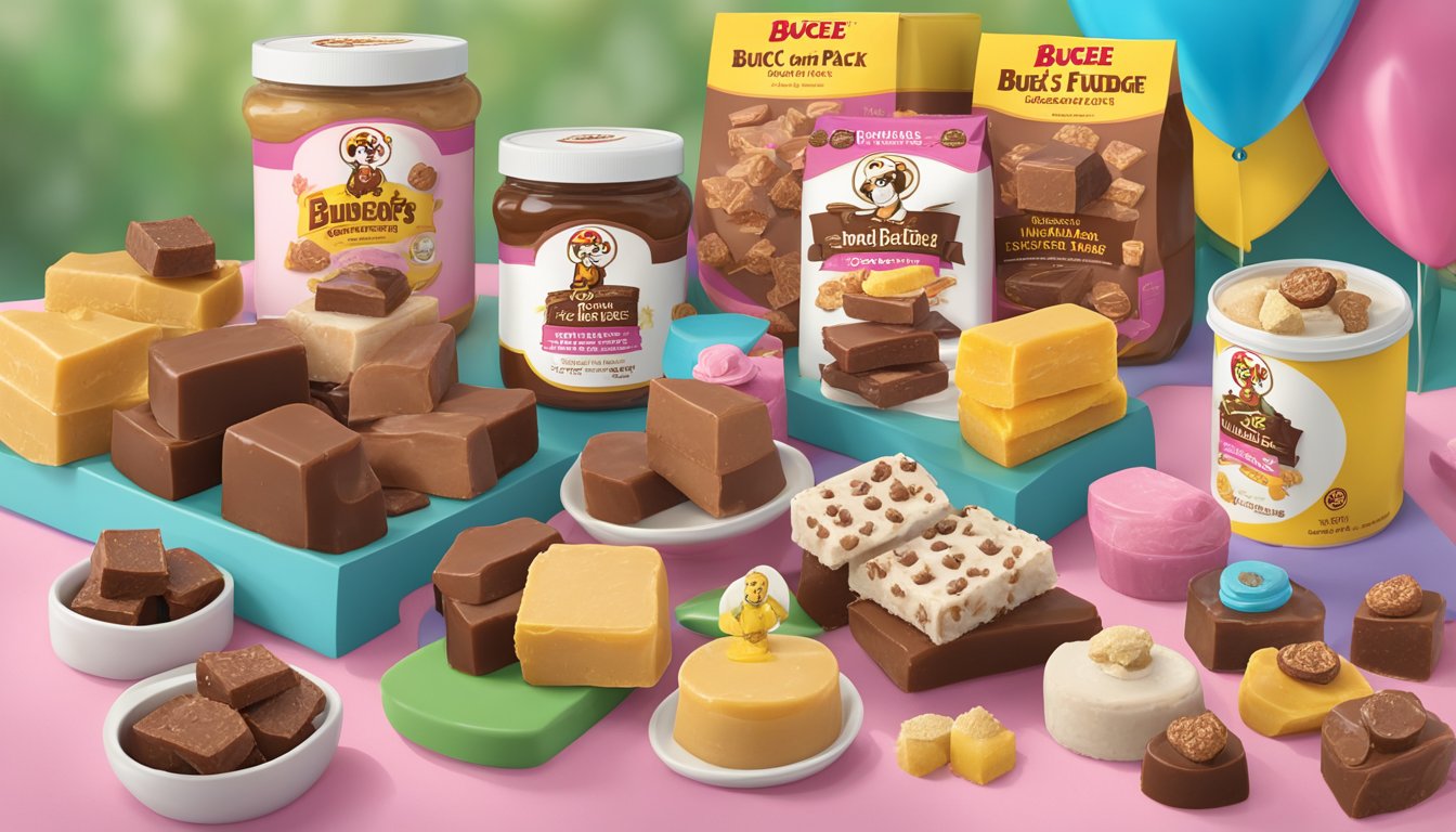 A colorful display of Buc-ee's fudge variety pack surrounded by other Buc-ee's products, with a Mother's Day theme