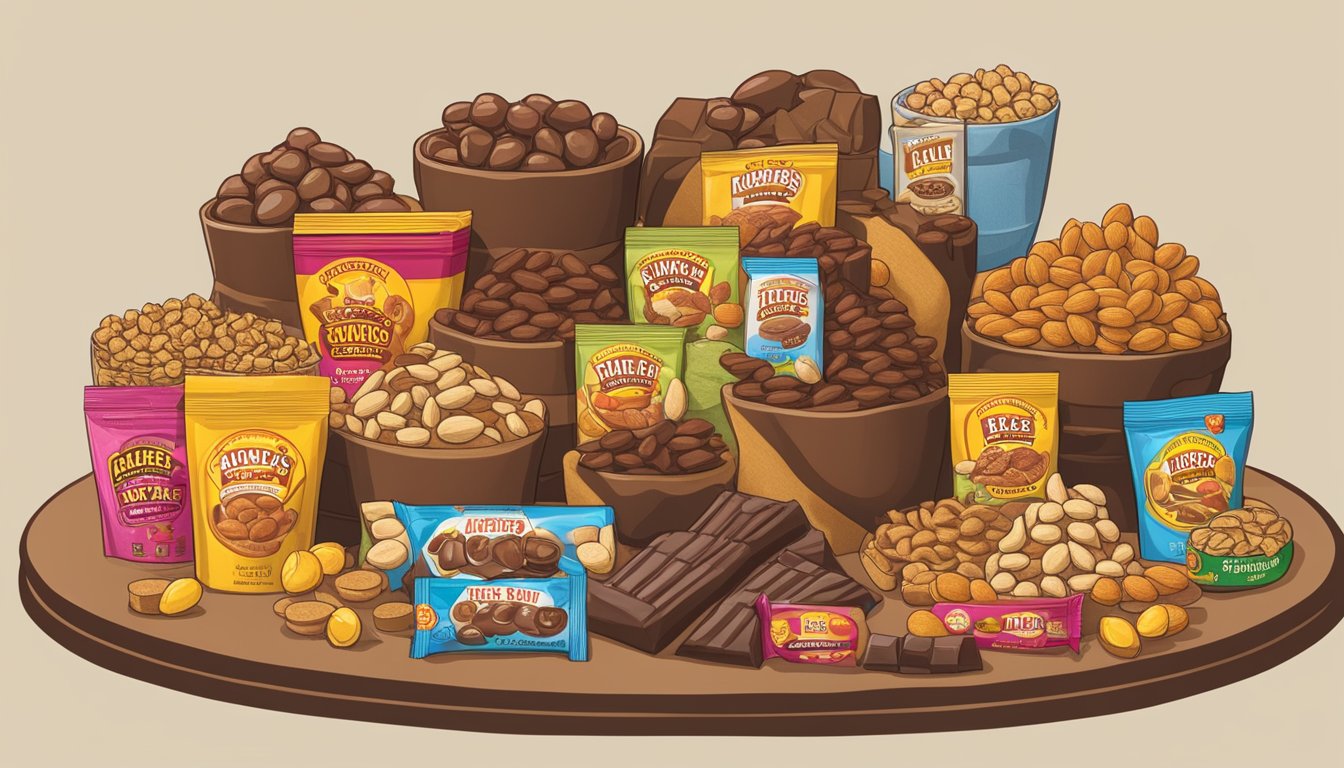 A pile of chocolate-covered almonds arranged in a decorative display, surrounded by various snacks and treats, with a sign promoting Buc-ee's as a snack lover's heaven