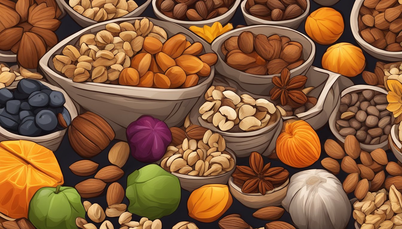 A colorful assortment of nuts, seeds, and dried fruits mixed together in a bowl, with a hint of spice and sweetness