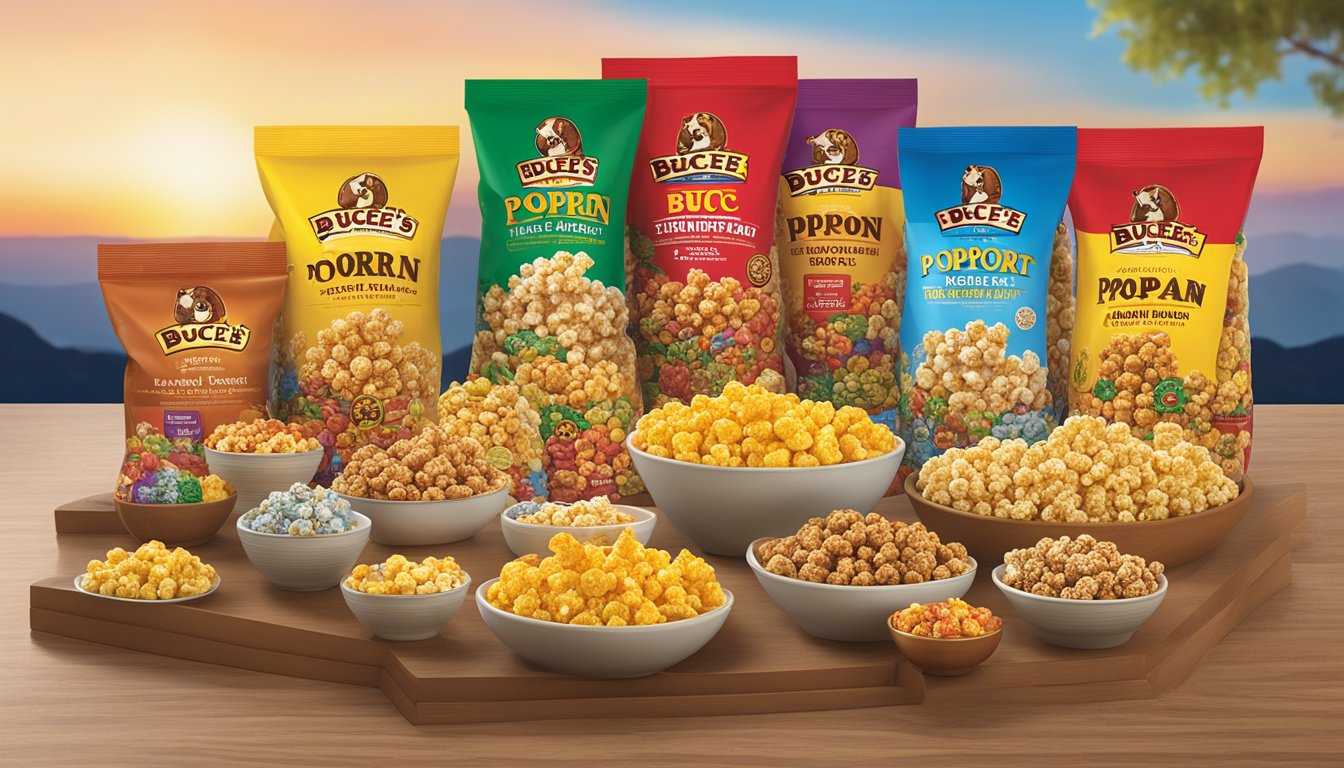 A colorful display of Buc-ee's gourmet popcorn and other products arranged on a table, with vibrant packaging and enticing flavors