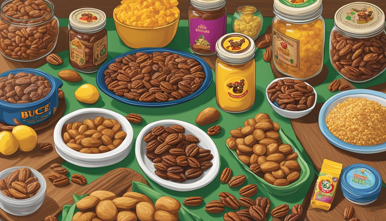 A table set with a variety of Buc-ee's products, including a prominently displayed jar of Sweet Spicy Pecans, surrounded by other gift-worthy items