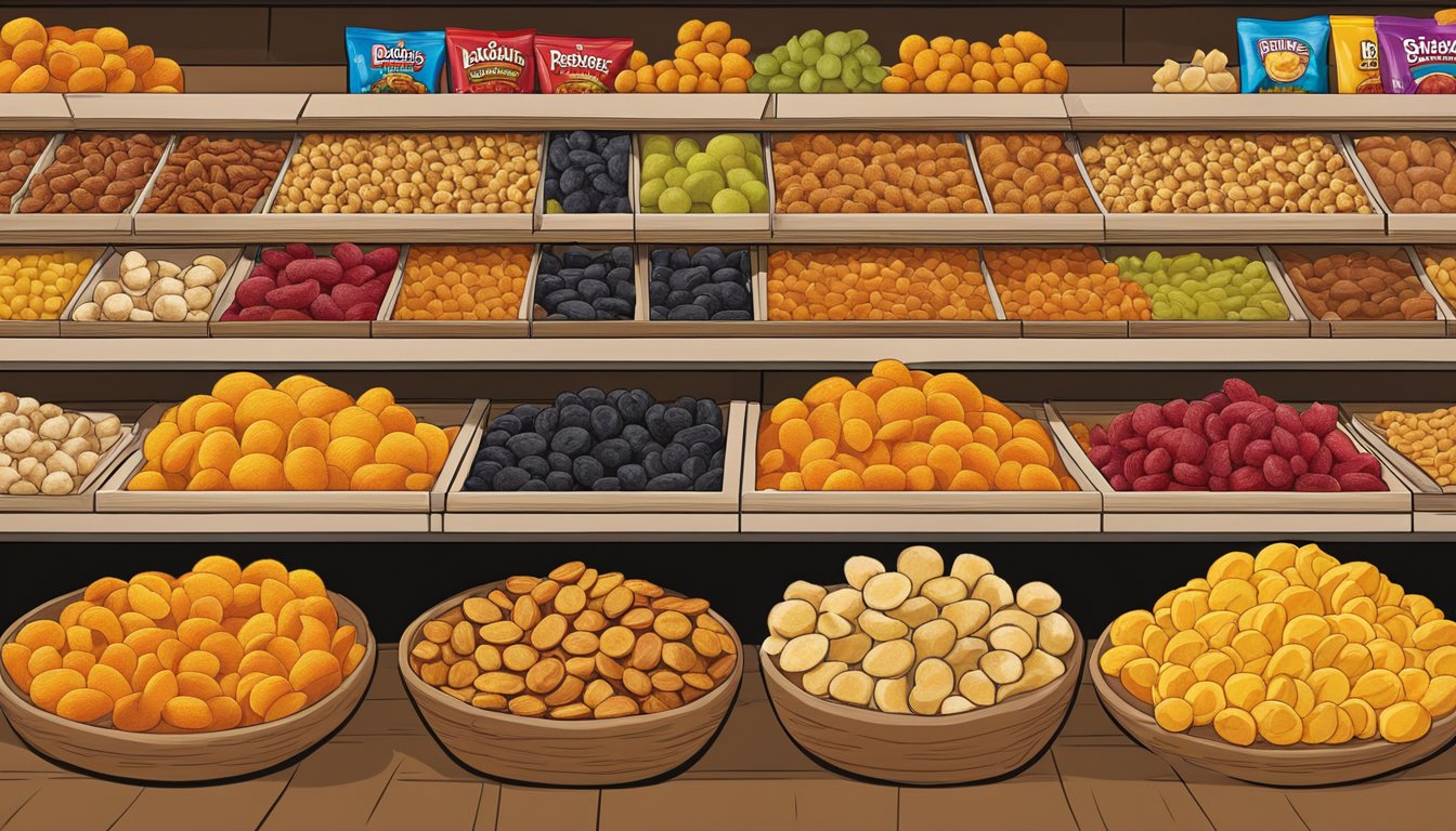 A colorful assortment of dried fruits arranged in a bountiful display, showcasing the wide selection available at Buc-ee's, a paradise for snack enthusiasts