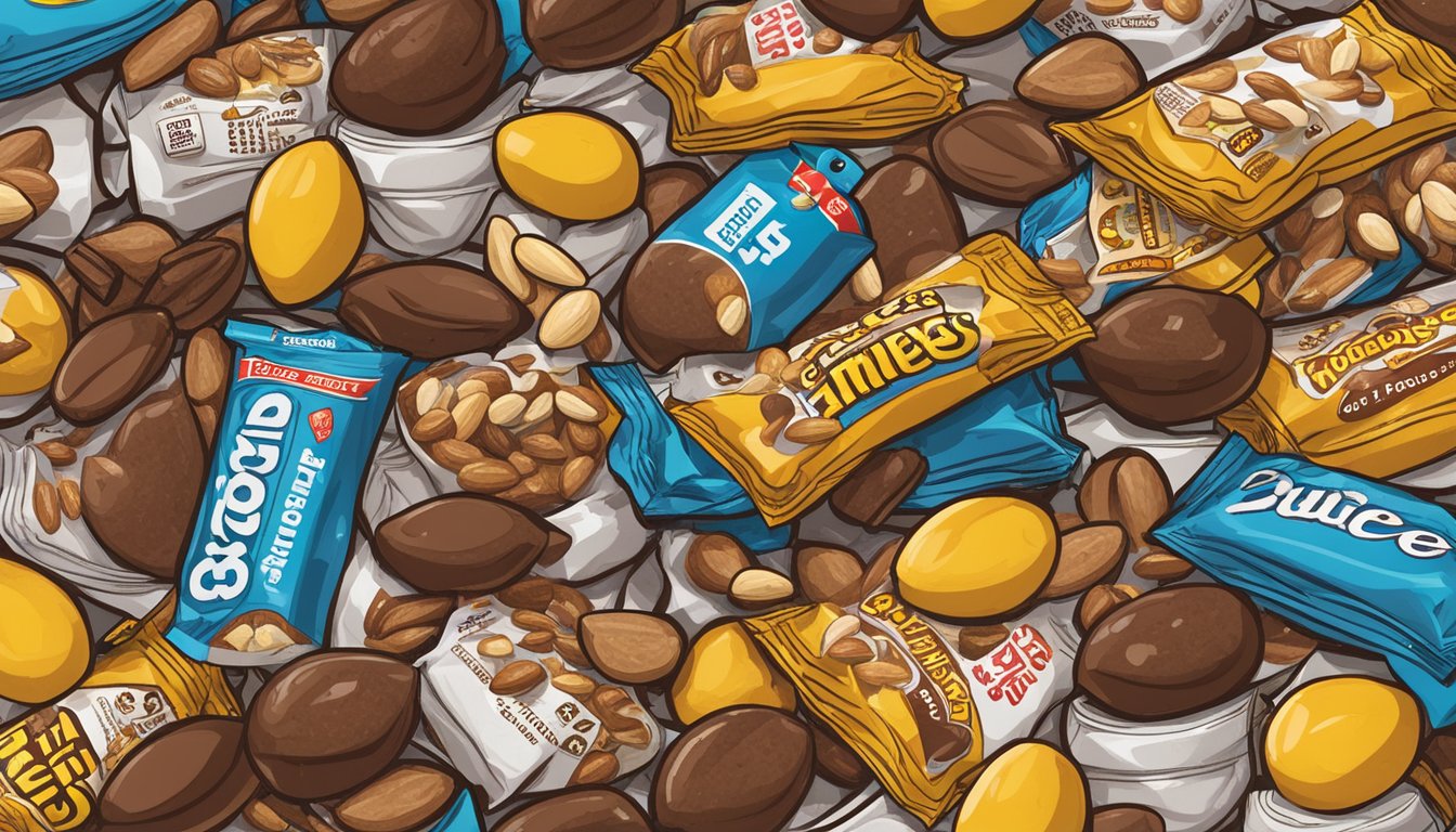 A pile of chocolate-covered almonds spills out of a Buc-ee's snack bag, surrounded by other late-night munchies