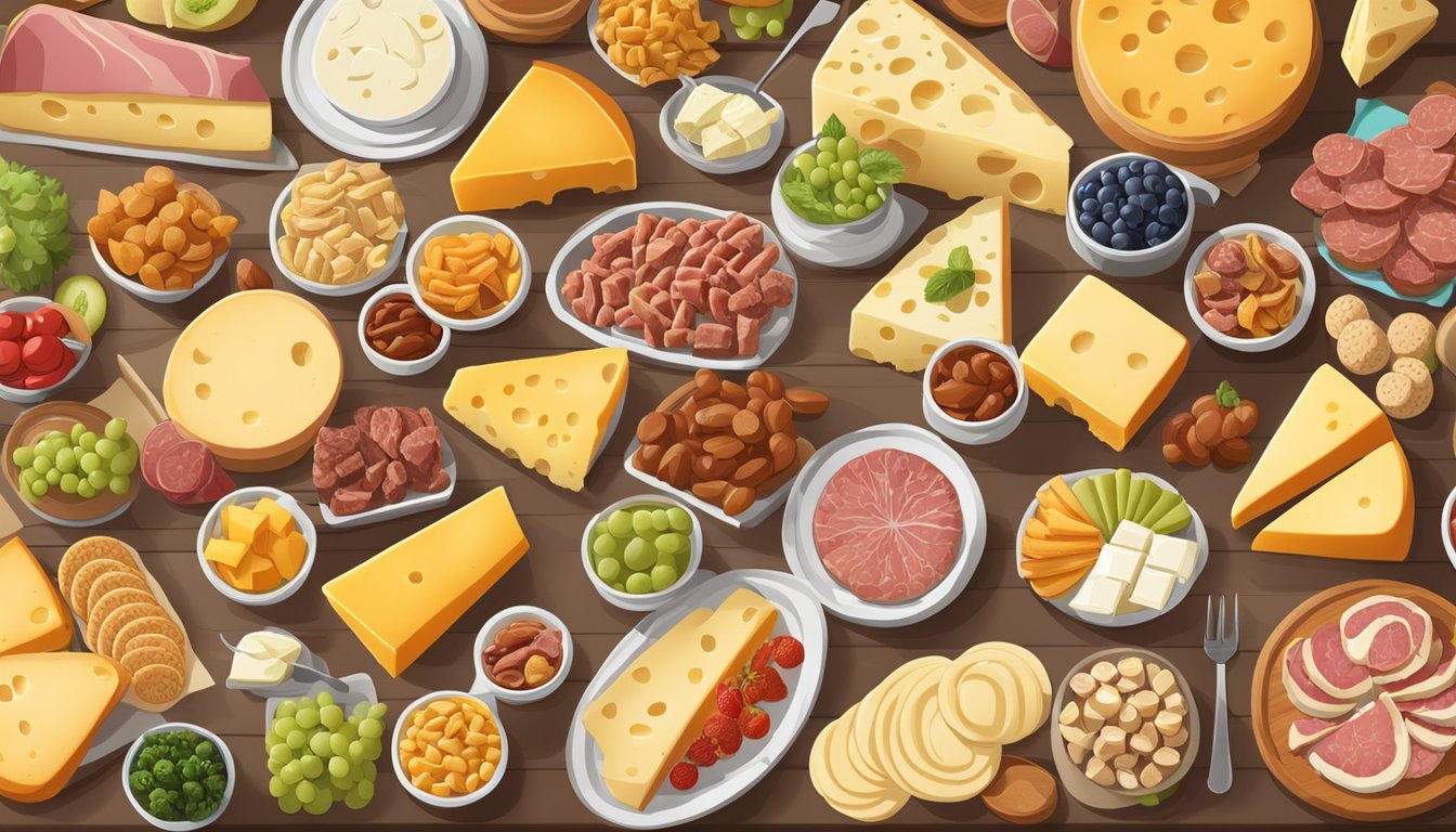 A colorful display of assorted cheese and meat trays arranged on a table, surrounded by an array of snacks and treats, creating a mouth-watering spread