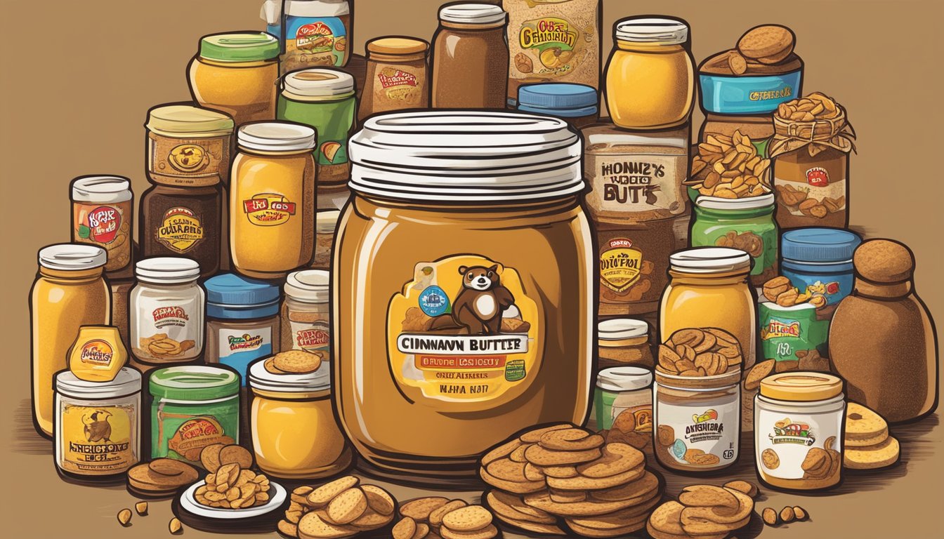 A jar of cinnamon honey butter surrounded by a variety of Buc-ee's snacks, perfect for late-night snacking