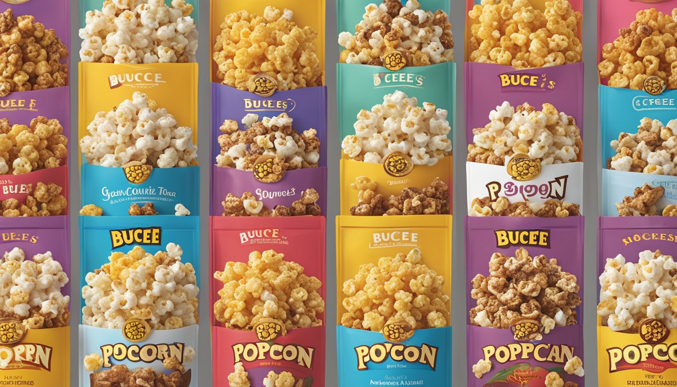 A colorful display of gourmet popcorn flavors with a sign promoting Buc-ee's as a snack lover's heaven