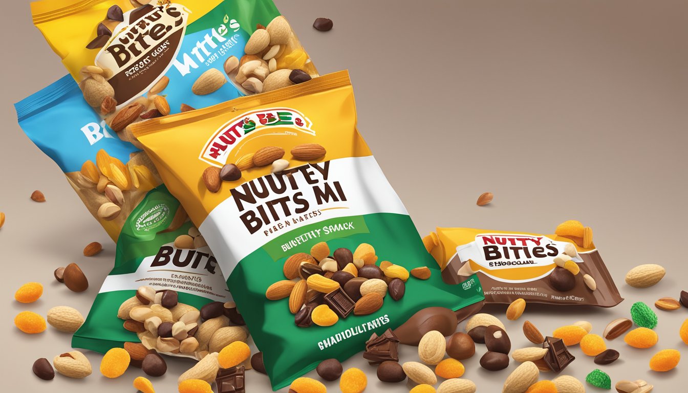 A pile of assorted nuts, dried fruits, and chocolate pieces spills out of a branded Nutty Bites Trail Mix bag next to various Buc-ee's snack packages