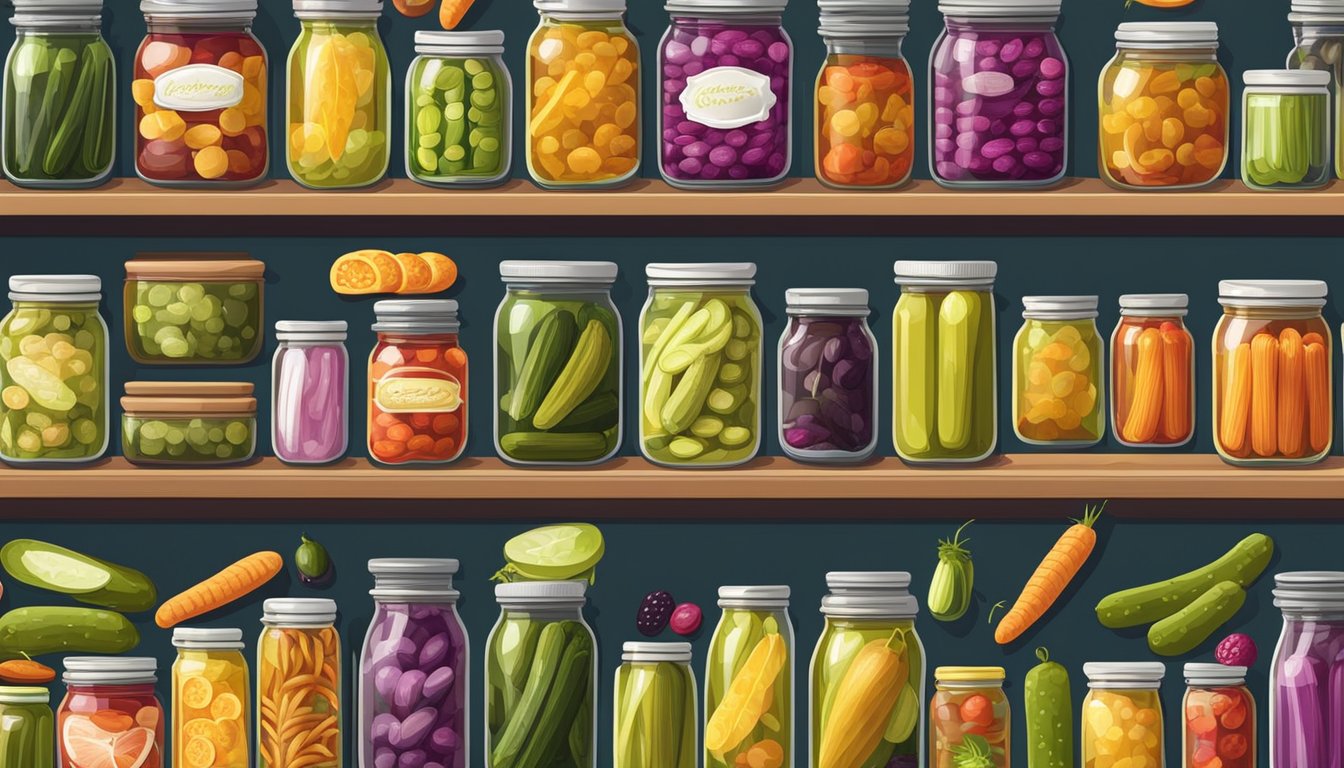 A colorful display of various pickles in jars, arranged on shelves with vibrant labels, surrounded by an assortment of snacks and treats