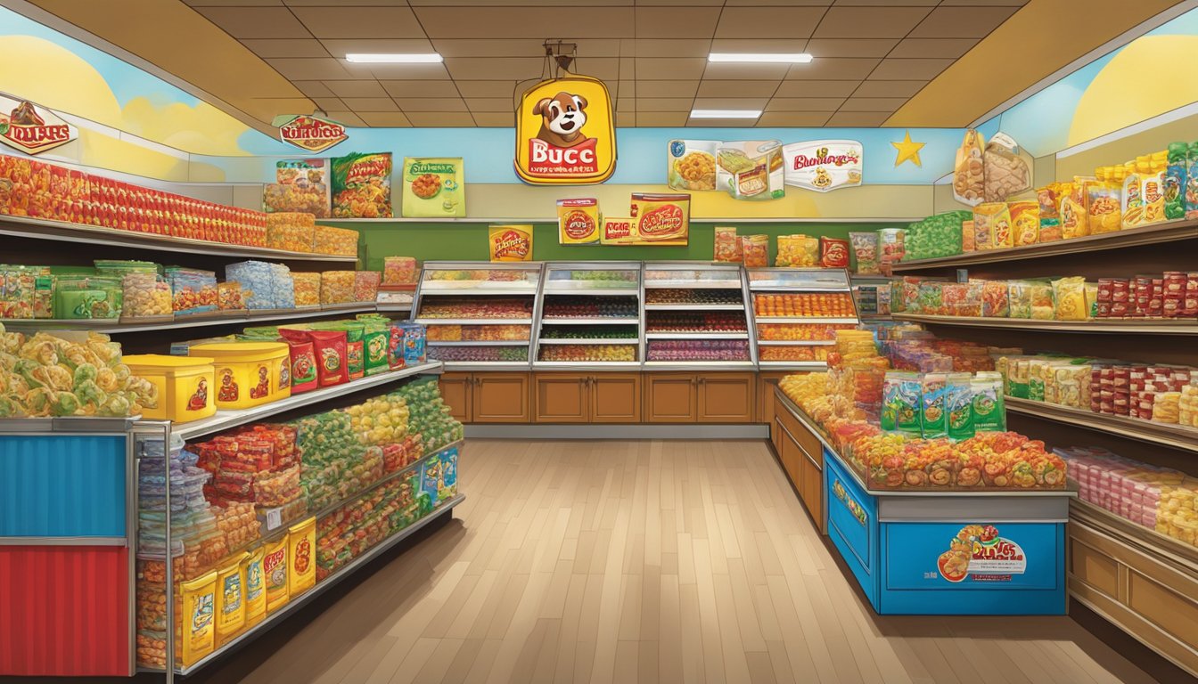 A colorful display of Buc-ee's products, including snacks, apparel, and home goods, arranged in an inviting and cheerful manner