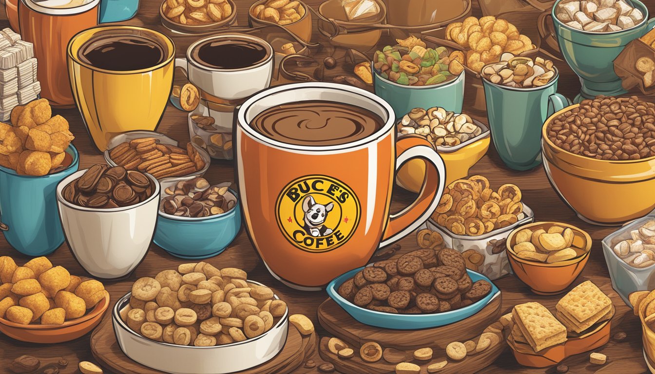 A steaming cup of coffee surrounded by an array of snacks and treats, with the iconic Buc-ee's logo prominently displayed