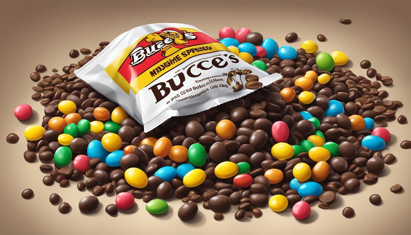 A pile of dark chocolate espresso beans spills out of a Buc-ee's snack bag, surrounded by other midnight munchies