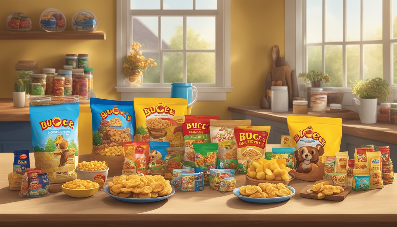 A colorful display of Buc-ee's products arranged on a table, including snacks, apparel, and novelty items. Sunlight streams in through a nearby window, casting a warm glow over the scene