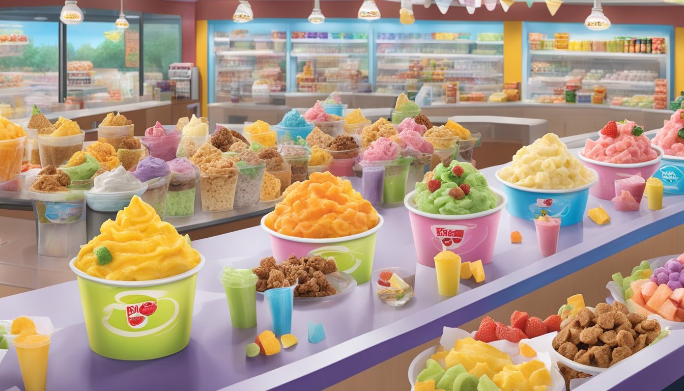 A colorful frozen yogurt bar with 17 toppings at Buc-ee's, surrounded by happy snack lovers