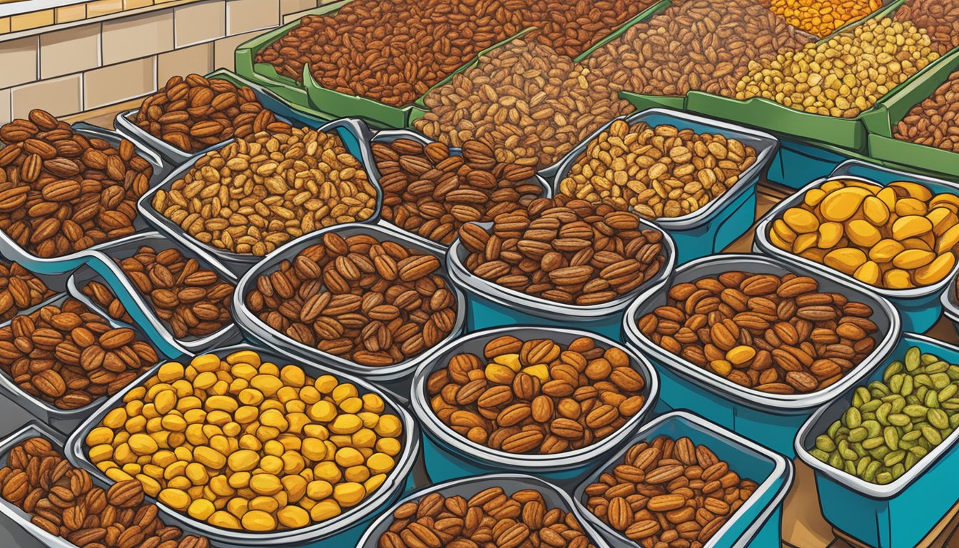 A colorful display of sweet and spicy pecans at Buc-ee's snack section