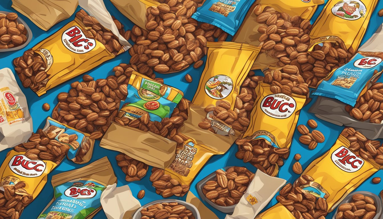 A pile of caramel-coated pecans spilling out of a Buc-ee's snack bag, surrounded by other late-night munchies