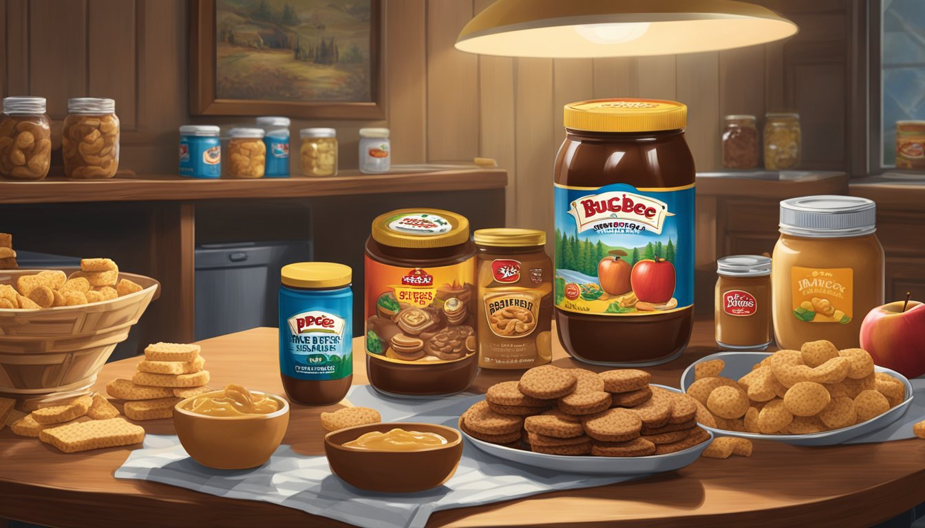 A jar of apple butter surrounded by an assortment of Buc-ee's snacks on a table, with a dimly lit room in the background