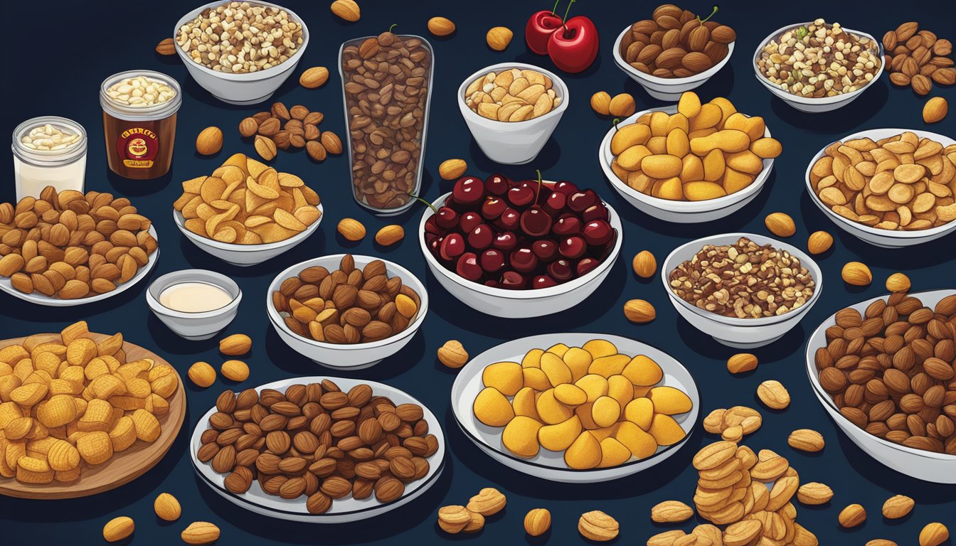 A table spread with various Buc-ee's snacks, including Cherry Nut Mix, set against a dark, midnight backdrop