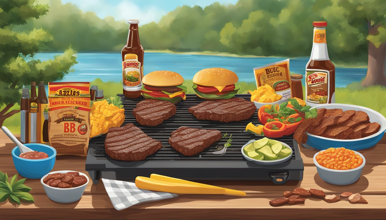 A sizzling grill with a variety of Buc-ee's jerky and BBQ items spread out on a wooden picnic table, surrounded by summer greenery