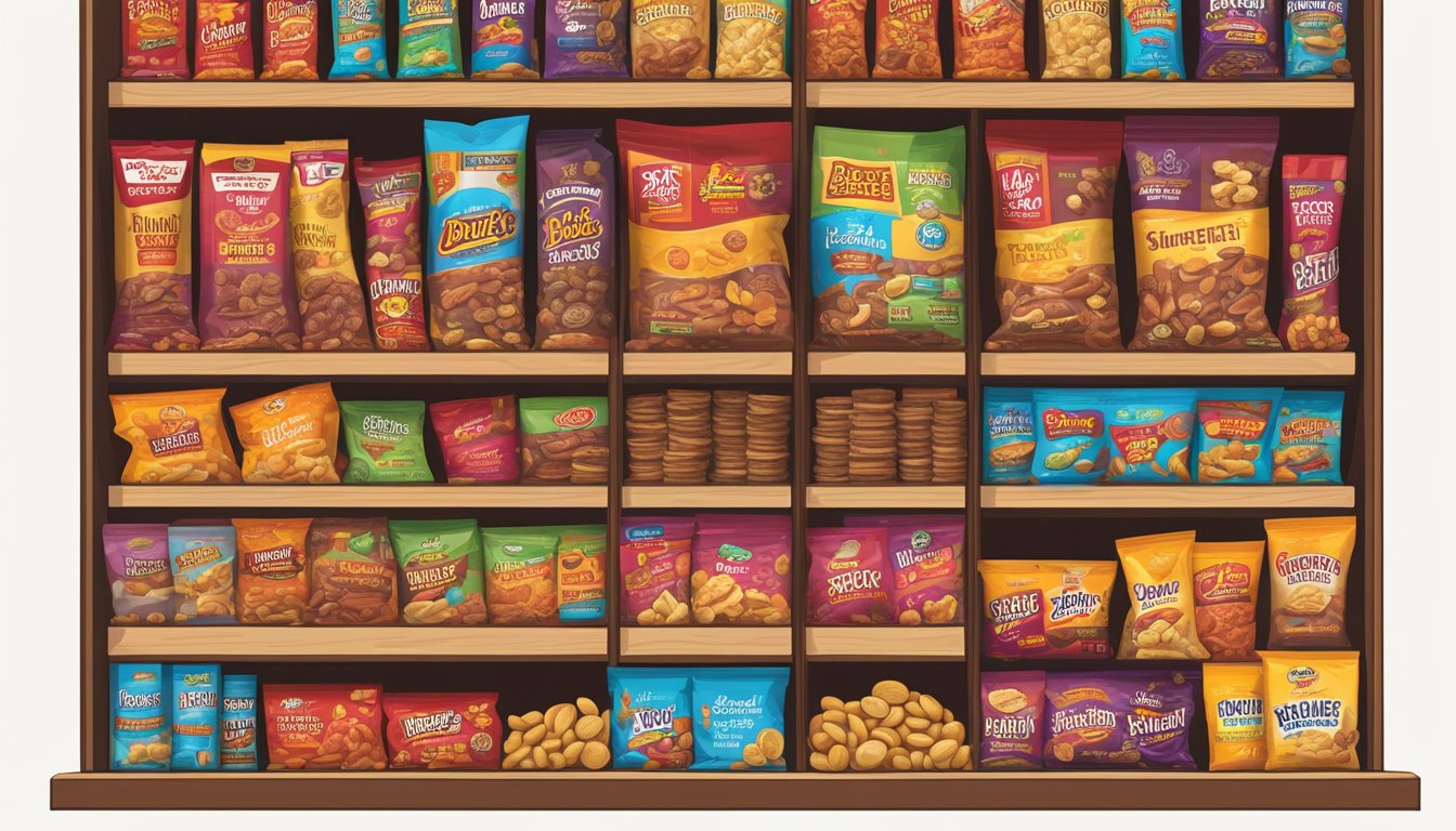 A dimly lit convenience store shelf filled with a variety of Buc-ee's snacks, from beef jerky to trail mix, tempting late-night snackers with their colorful packaging and enticing flavors