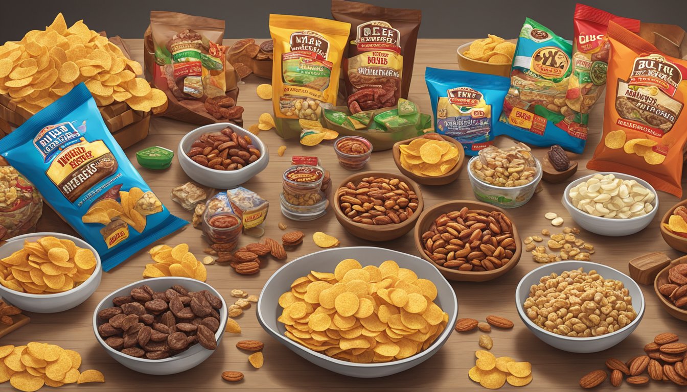 A table scattered with a variety of Buc-ee's snacks, including chips, nuts, and jerky, with colorful packaging and enticing textures