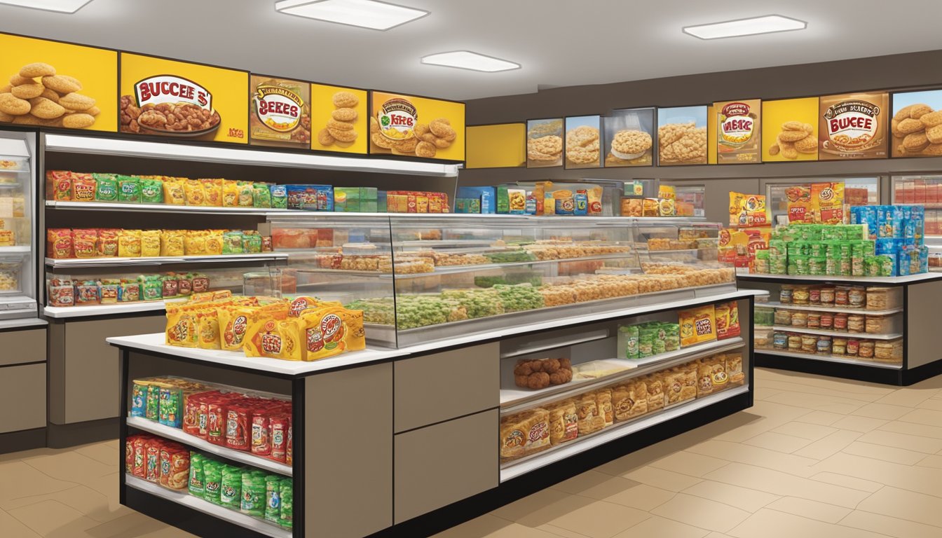 A display of 14 Buc-ee's snacks arranged on a clean, well-lit countertop, showcasing a variety of flavors and textures