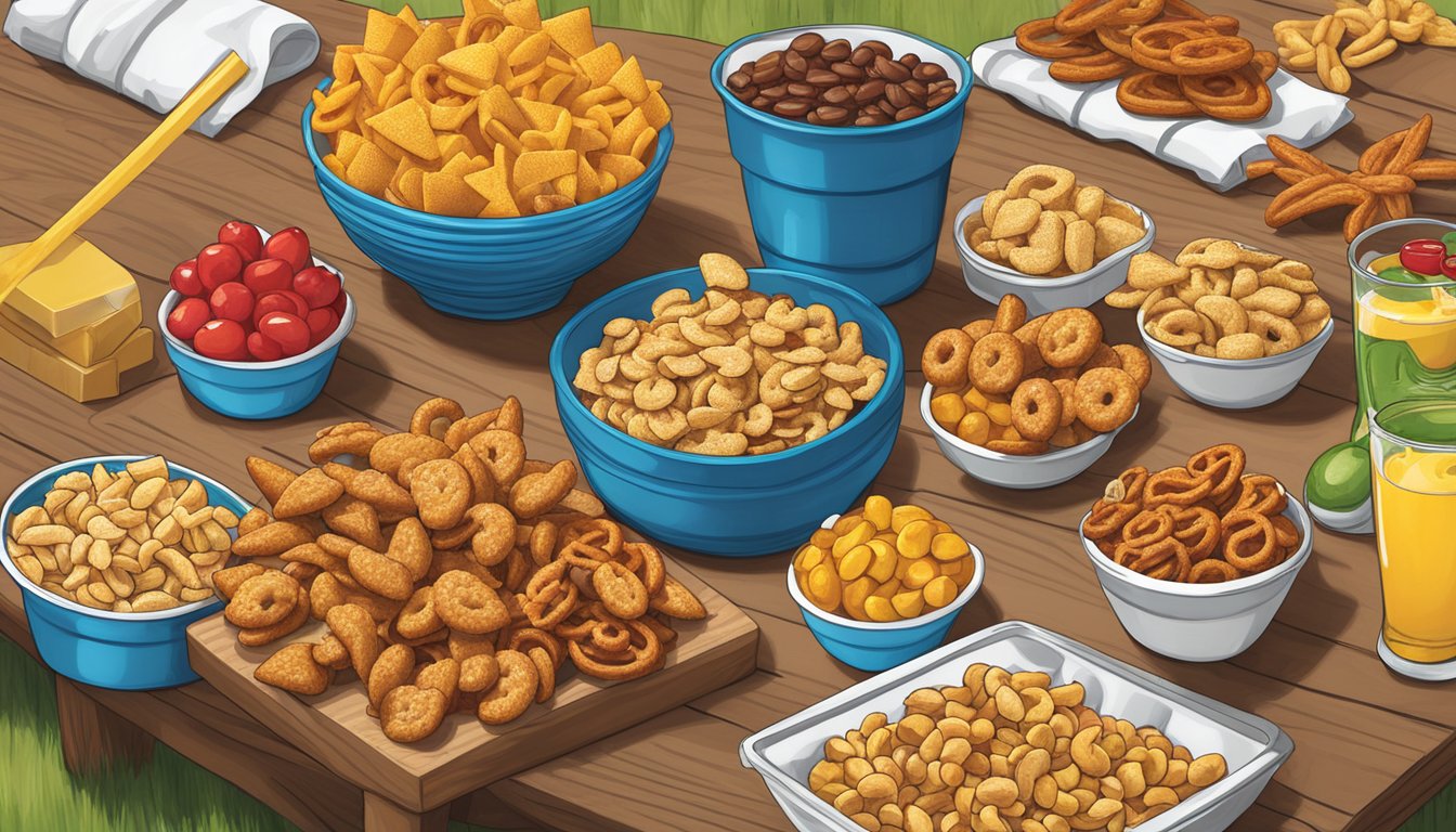 A colorful array of Cajun-style snack mix and various Buc-ee's items arranged on a picnic table, ready for a summer BBQ